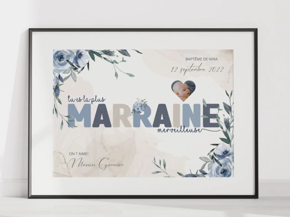 AFFICHE POUR MARRAINE - BAPTÊME THEME BLEU Ma boutique