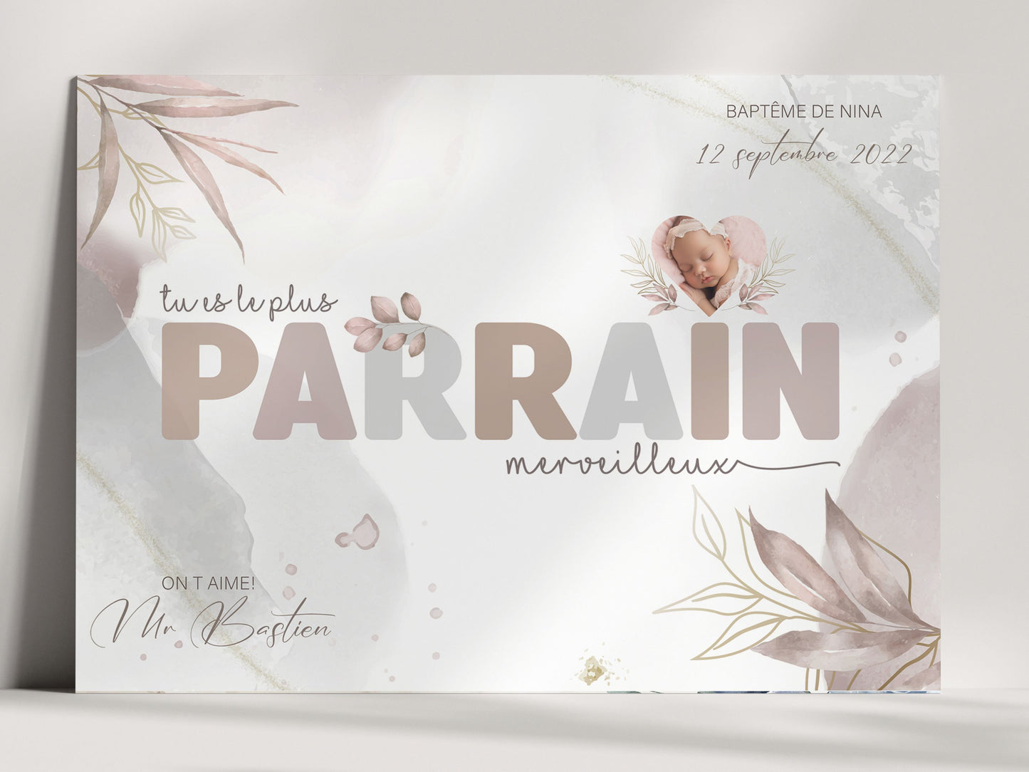 AFFICHE POUR PARRAIN - BAPTÊME EN ROSE POUDRÉ Ma boutique