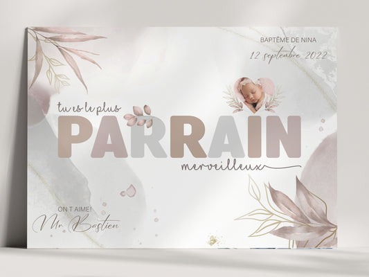 AFFICHE POUR PARRAIN - BAPTÊME EN ROSE POUDRÉ  Ma boutique
