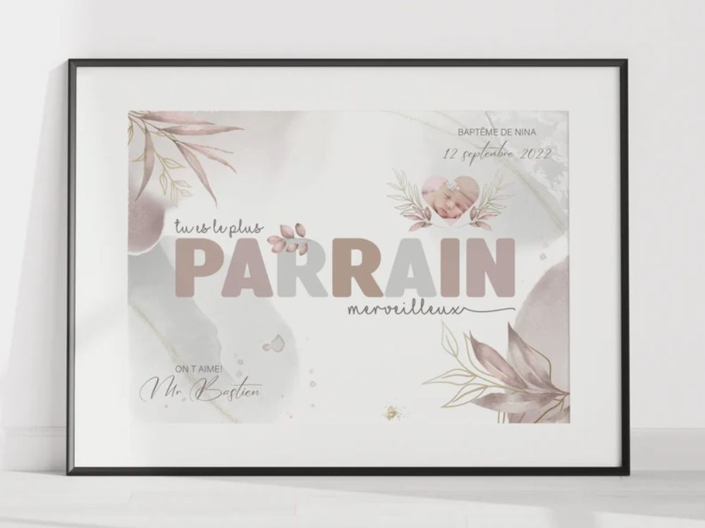 AFFICHE POUR PARRAIN - BAPTÊME EN ROSE POUDRÉ Ma boutique