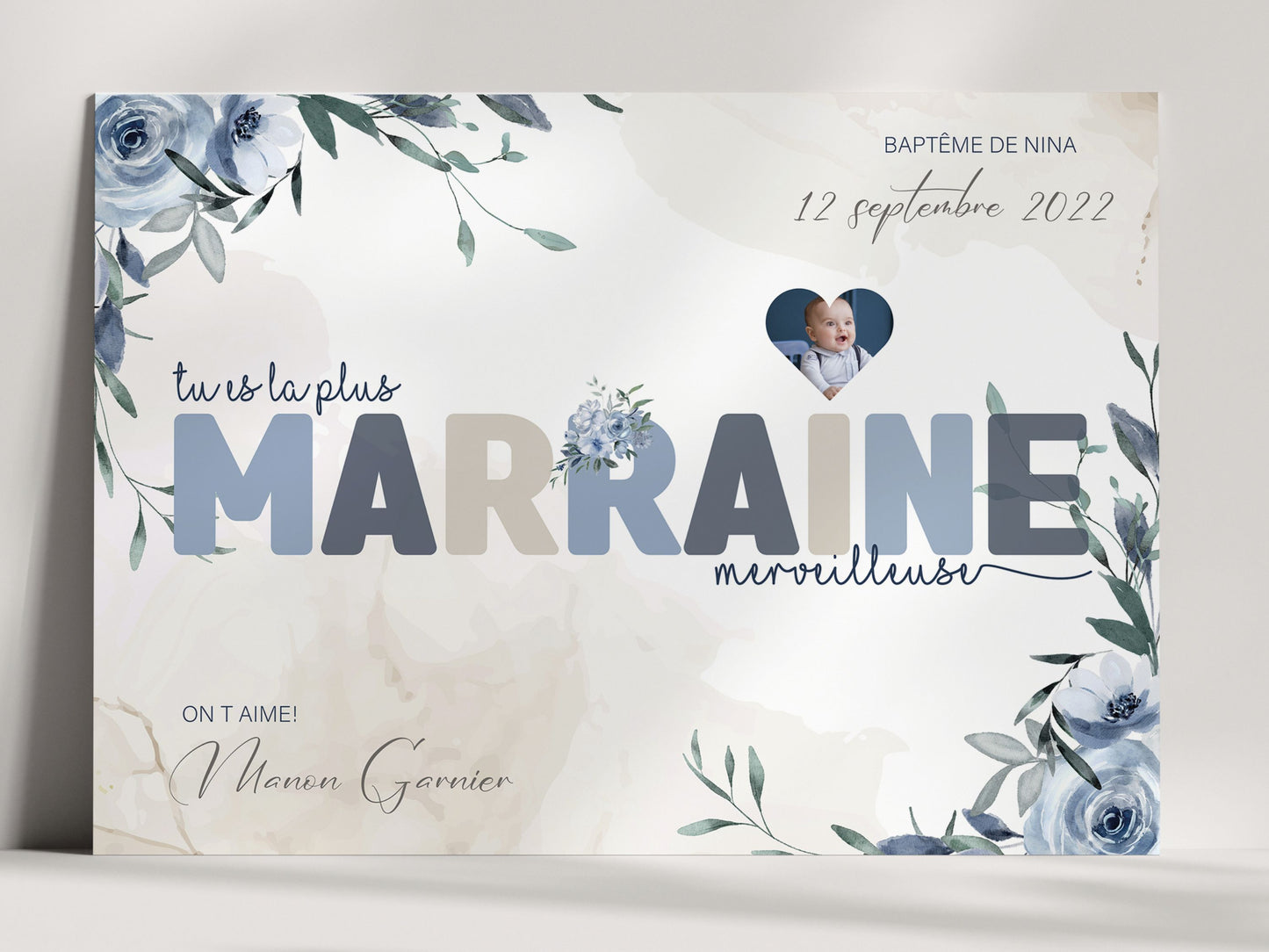 AFFICHE POUR MARRAINE - BAPTÊME THEME BLEU Ma boutique