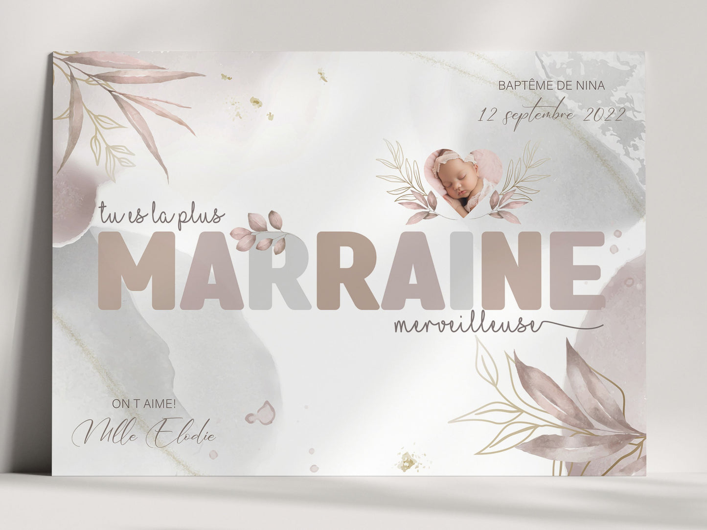 AFFICHE POUR MARRAINE - BAPTÊME EN ROSE POUDRÉ Ma boutique