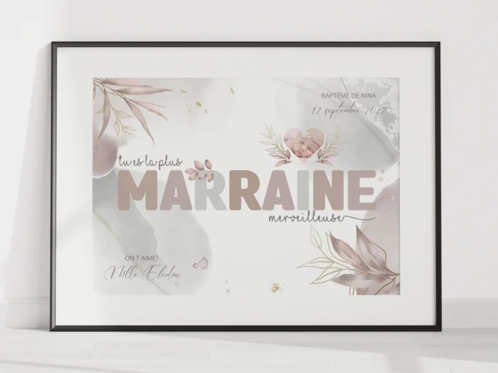 AFFICHE POUR MARRAINE - BAPTÊME EN ROSE POUDRÉ Ma boutique