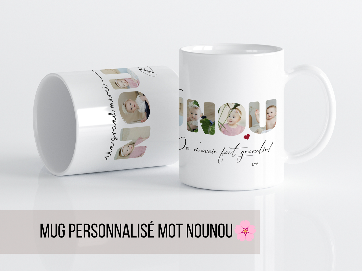 un mug a personnaliser avec des photos avec le mot nounou a offrir a nounou pour une fin de contrat