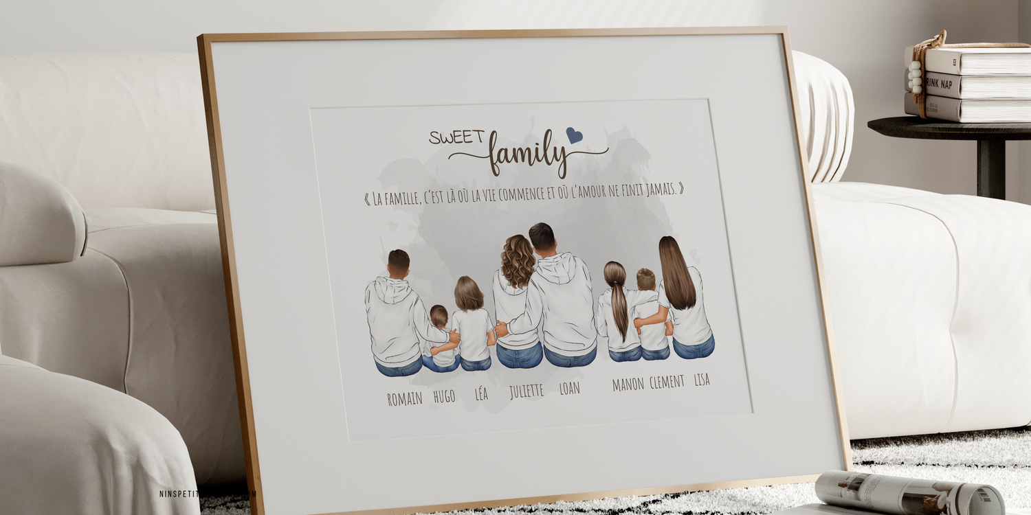 Portrait de famille personnalisé illustré avec prénoms et personnages personnalisables