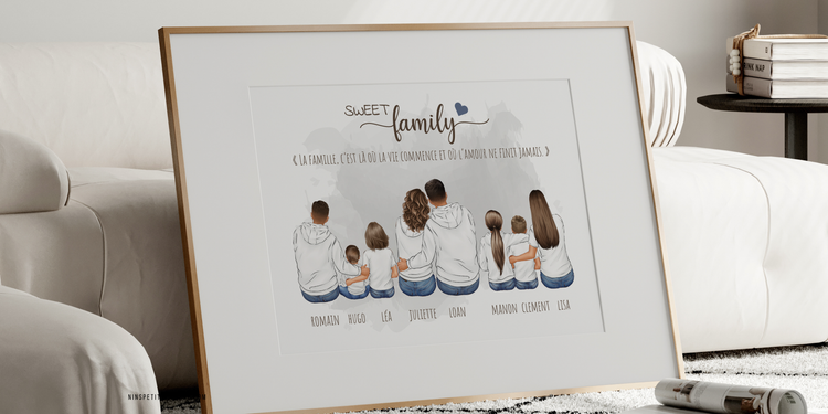 Portrait de famille personnalisé illustré avec prénoms et personnages personnalisables