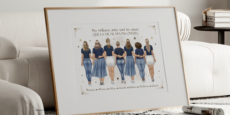 Portrait personnalisé de meilleures amies avec illustration de dos et prénoms