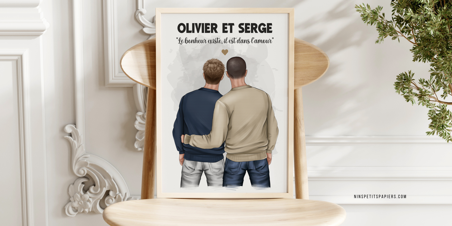 Portrait de couple personnalisé illustré avec prénoms et détails personnalisables