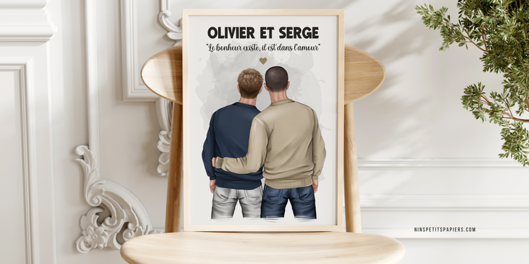 Portrait de couple personnalisé illustré avec prénoms et détails personnalisables
