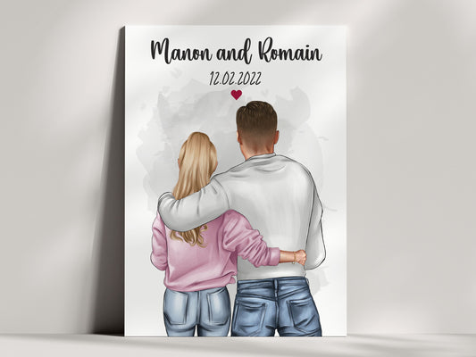 Affiche Couple Personnages de Dos - Cadeau Personnalisé pour un Couple