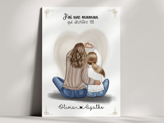 cadeau personnalisé maman, affiche portrait maman et sa fille a personnaliser 