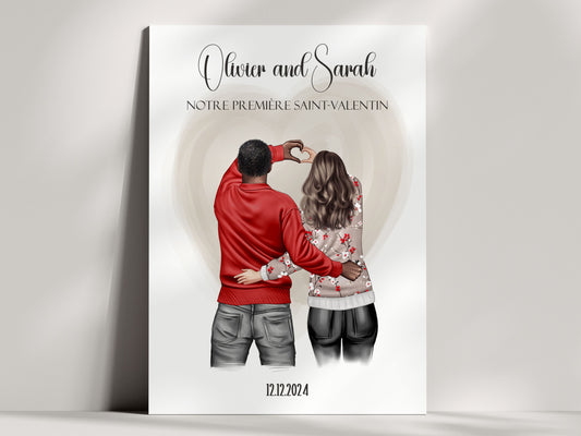 Affiche personnalisée couple d'amoureux - Couple de dos formant un cœur avec leurs mains