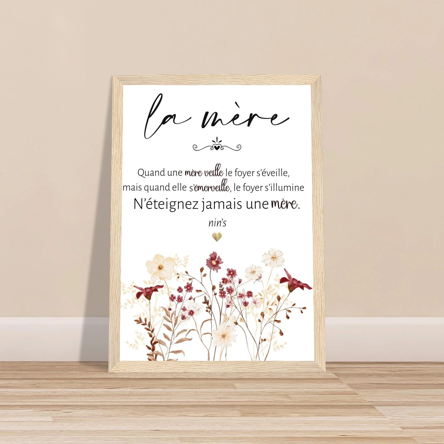 Affiche maman avec cadre bois citation poétique cadeau fête des mères décoration murale florale
