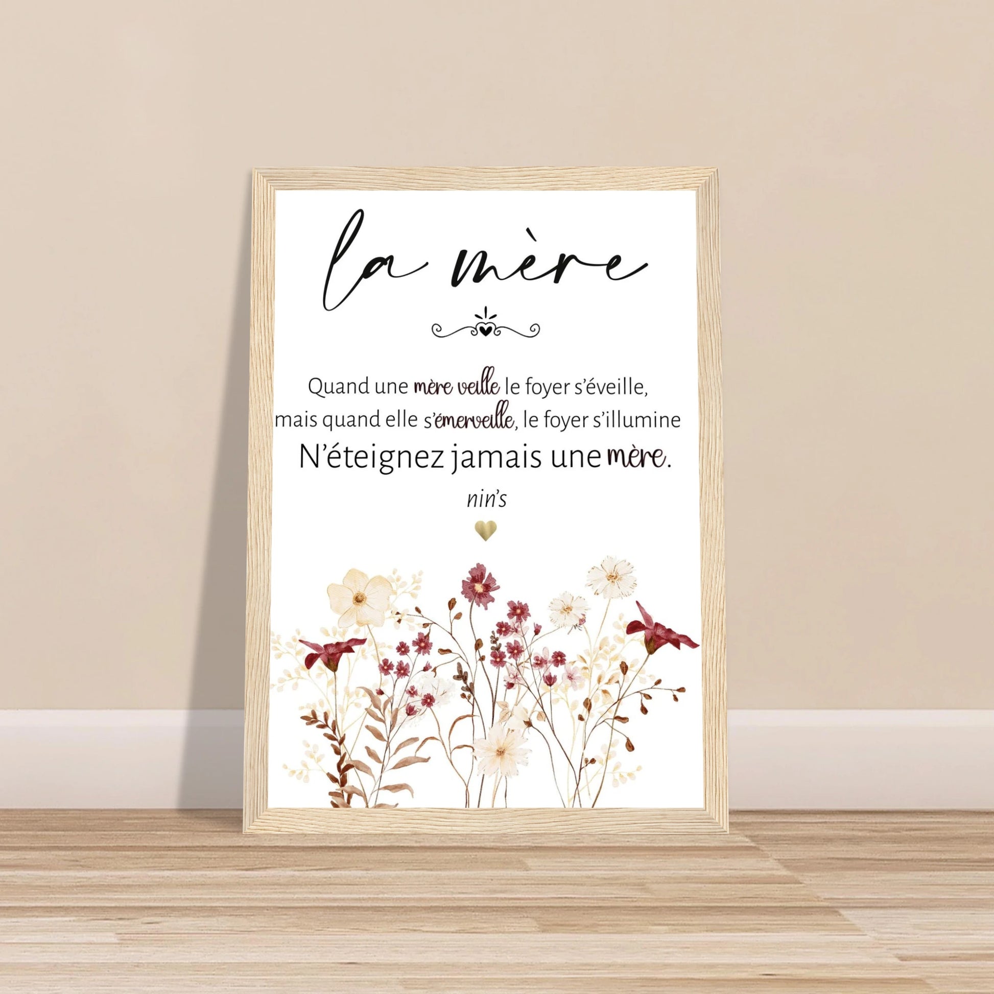 Affiche maman avec cadre bois citation poétique cadeau fête des mères décoration murale florale