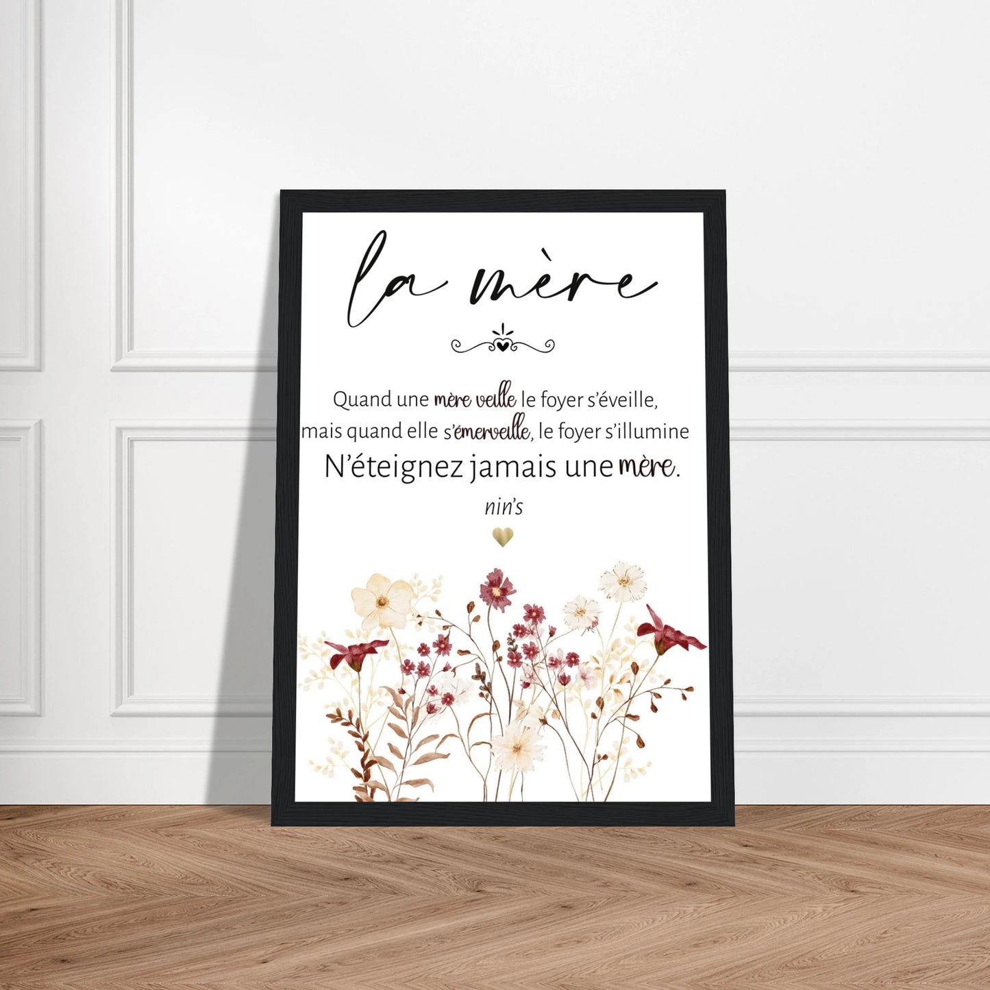 Affiche maman  avec cadre noir citation poétique cadeau fête des mères décoration murale florale
