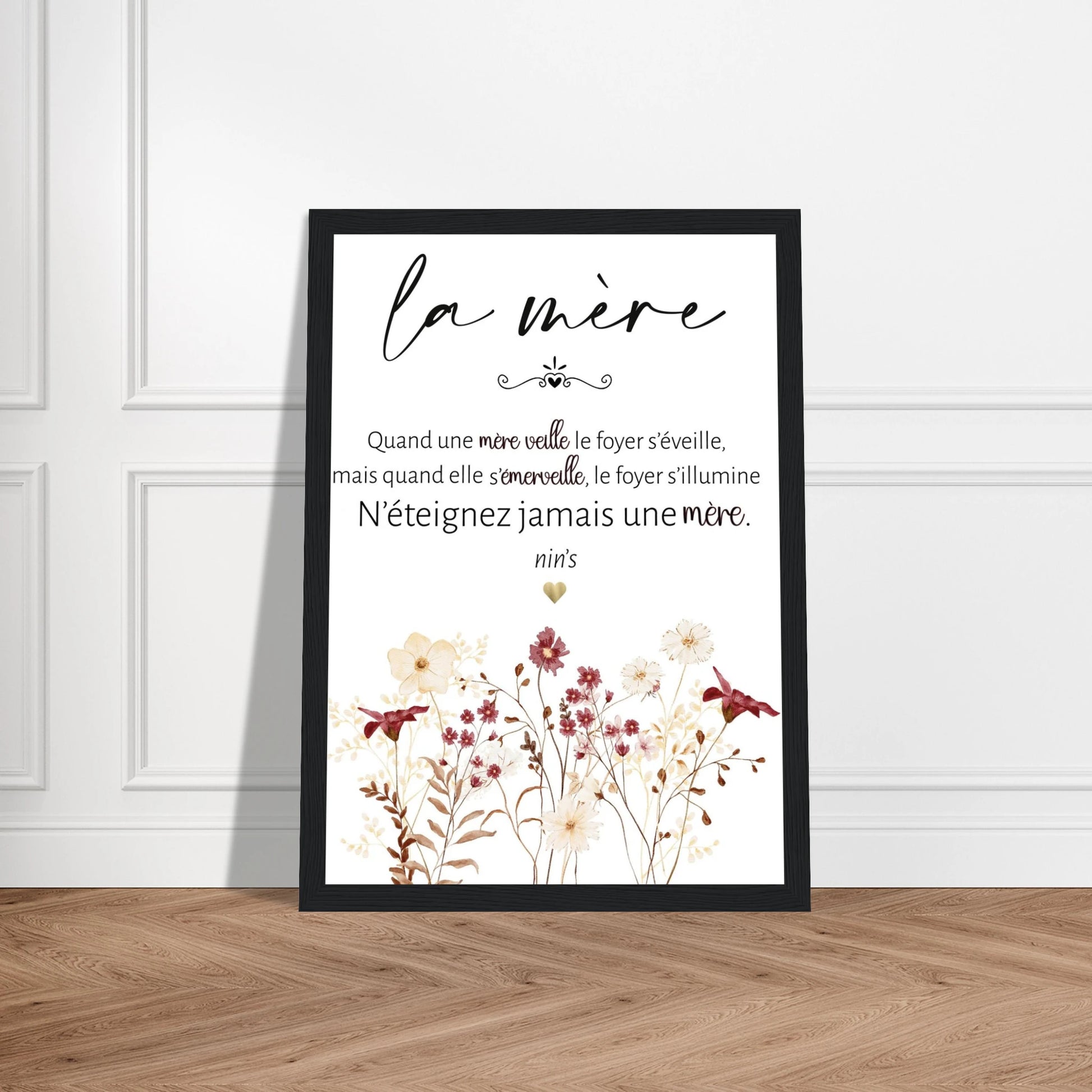 Affiche maman  avec cadre noir citation poétique cadeau fête des mères décoration murale florale