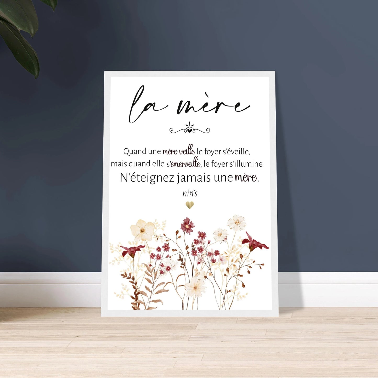 Affiche maman avec cadre blanc citation poétique cadeau fête des mères décoration murale florale