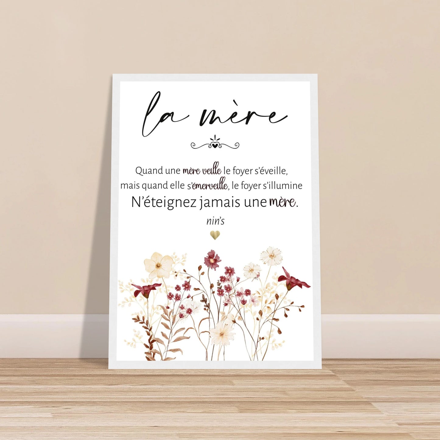 Affiche maman avec cadre blanc citation poétique cadeau fête des mères décoration murale florale