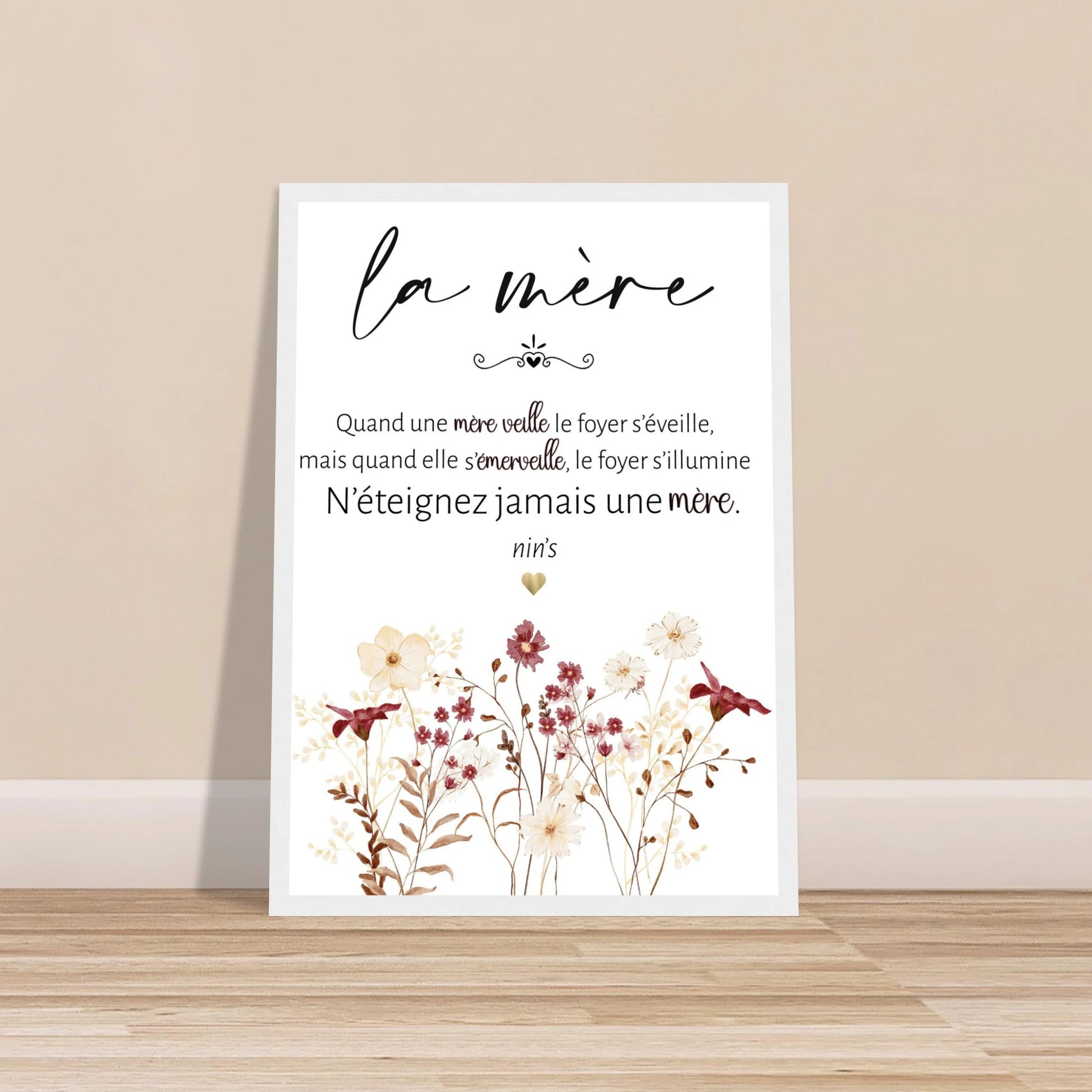 Affiche maman avec cadre blanc citation poétique cadeau fête des mères décoration murale florale