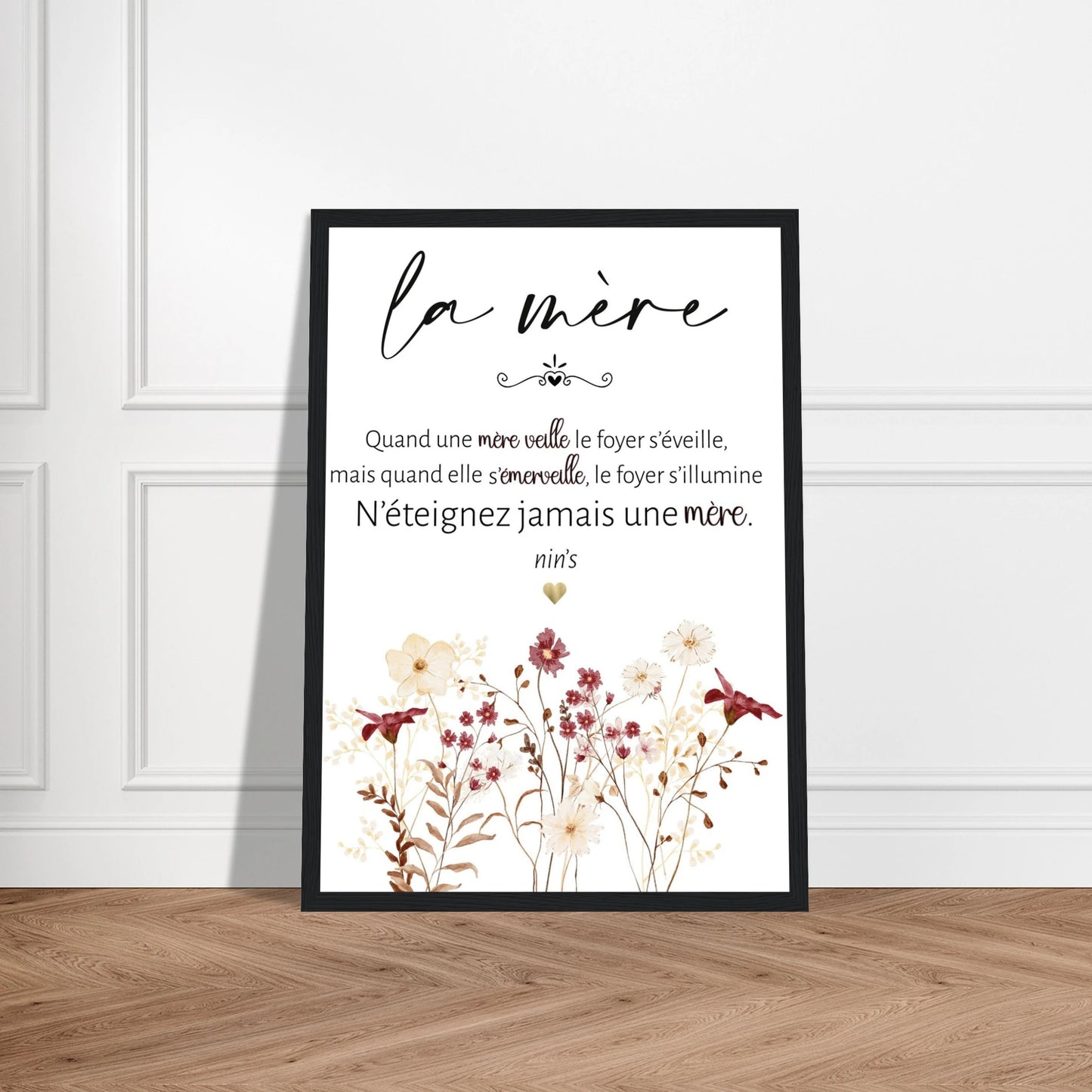 Affiche maman avec cadre noir citation poétique cadeau fête des mères décoration murale florale