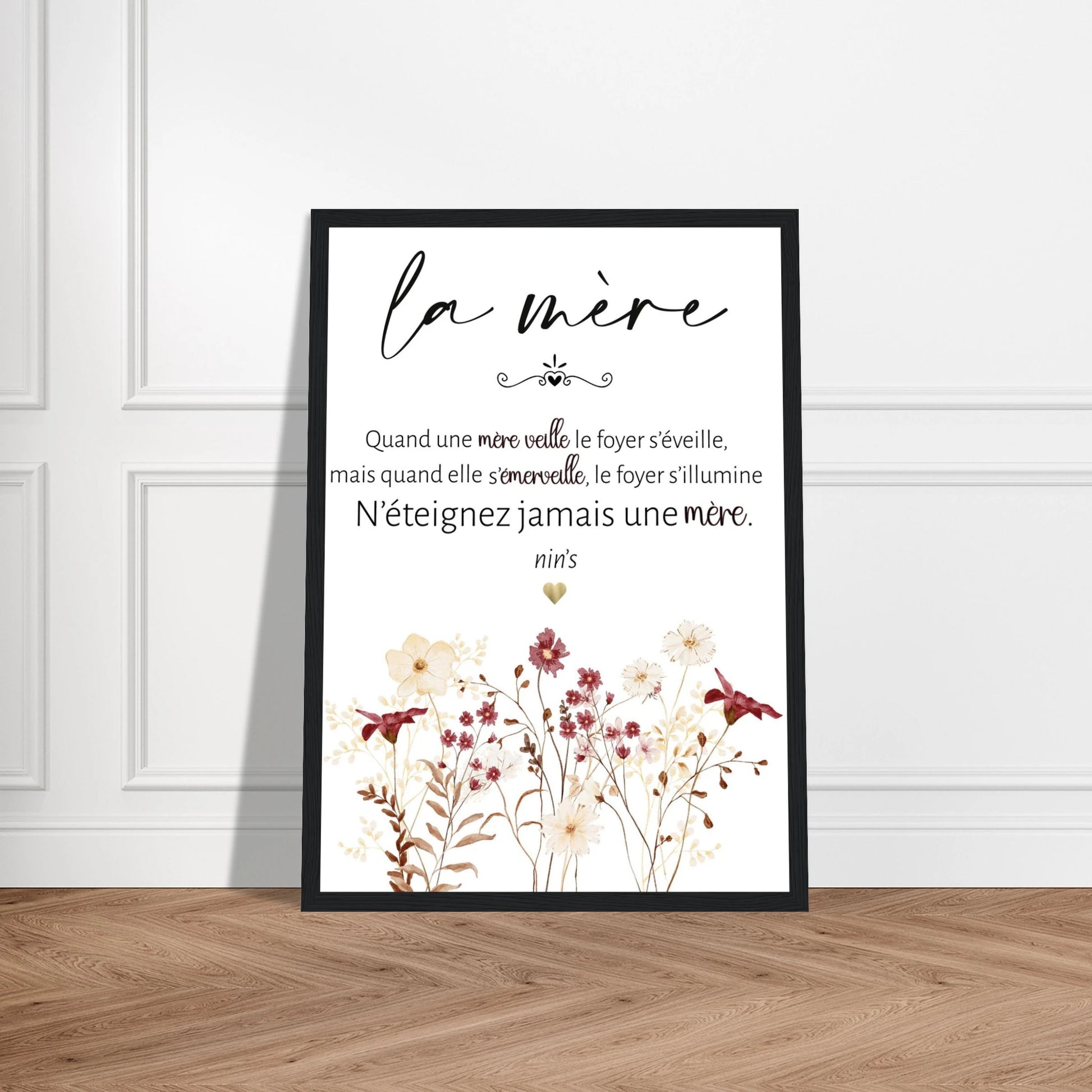 Affiche maman avec cadre noir citation poétique cadeau fête des mères décoration murale florale