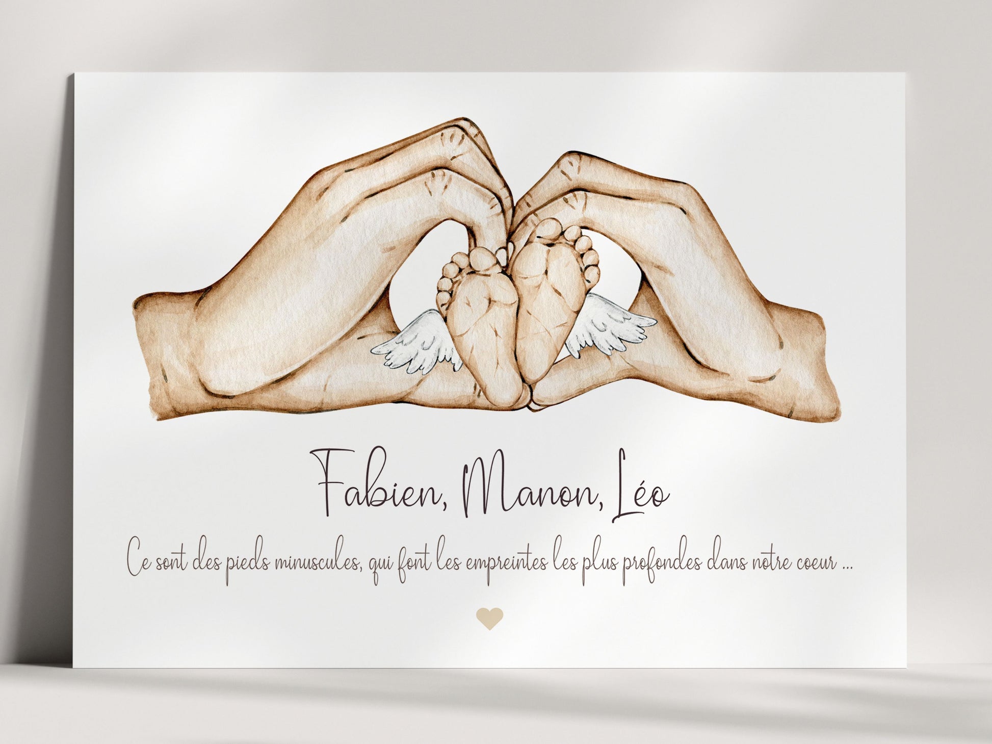 Affiche personnalisée -Mains Mamange et Papange formant un cœur autour de petits pieds