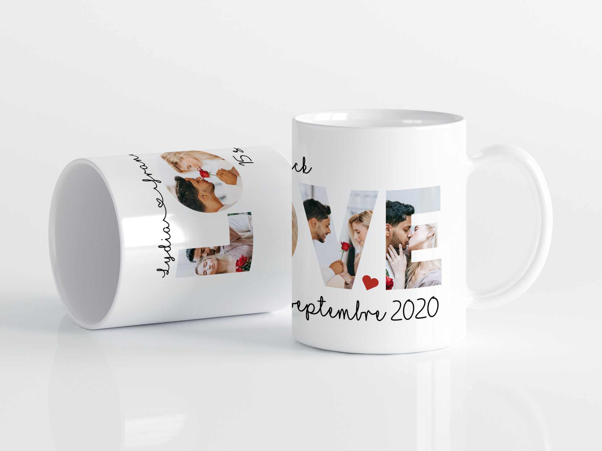 Mug LOVE personnalisé avec photos assorti à l’affiche Couple