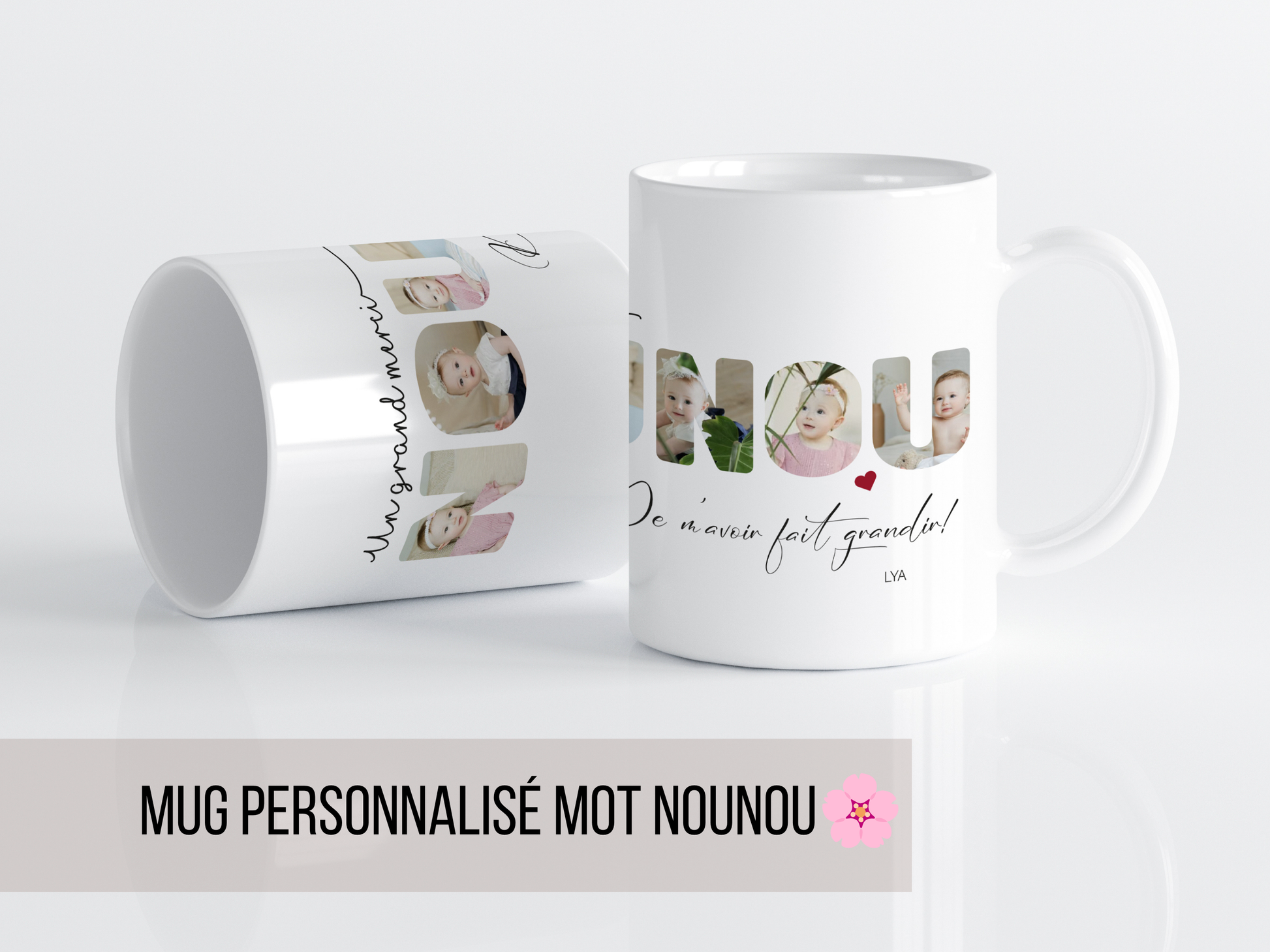 un mug a personnaliser avec des photos avec le mot nounou a offrir a nounou pour une fin de contrat