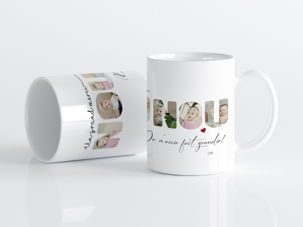 un mug a personnalisé avec des photos avec le mot nounou a offrir en fin de contrat nounou